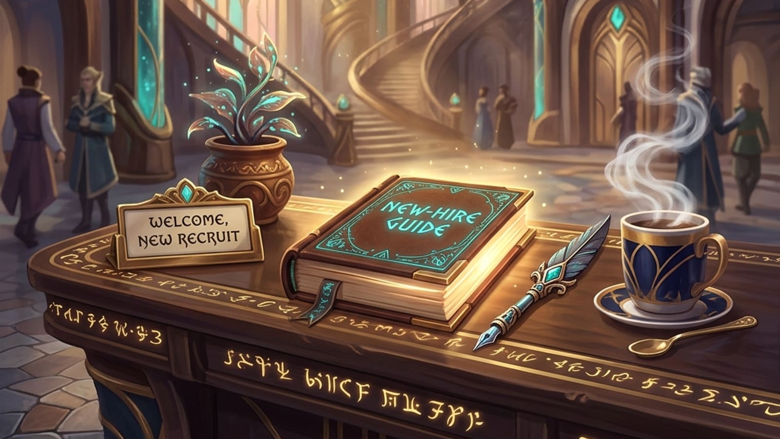 A fantasy new-hire orientation desk glowing with arcane onboarding paperwork