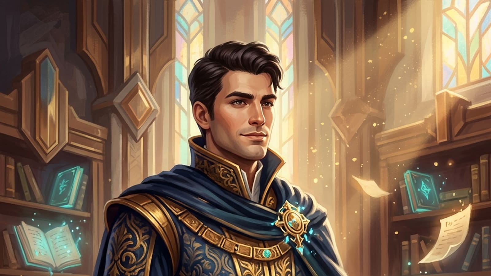 A regal fantasy prince in opulent corporate-royal attire