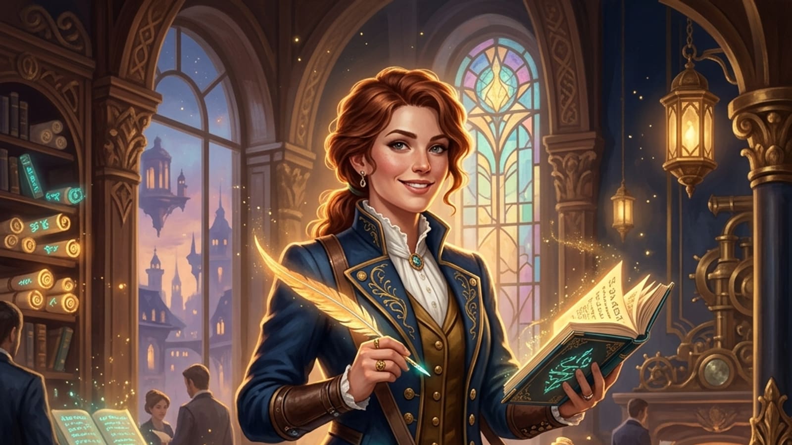 A fantasy insurance adjuster in practical office-adventurer attire