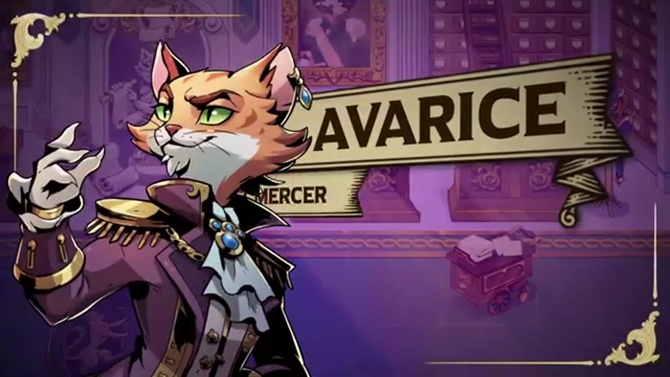 Avarice's official named character card from the Ledgerbound Party and Cast Reveal trailer