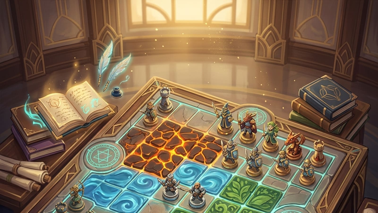 A glowing tactical grid battlefield marked with elemental sigils