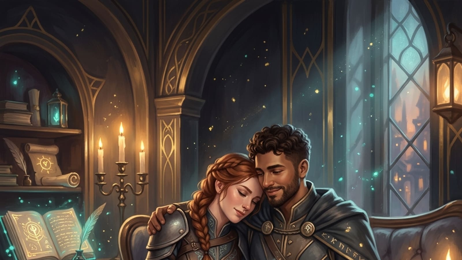 Two fantasy coworkers sharing a quiet moment in an office break room