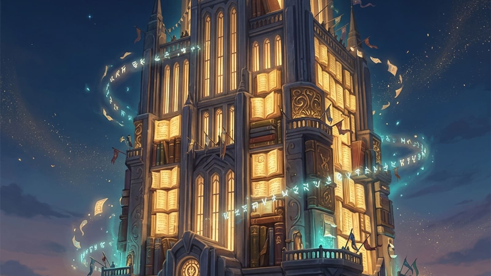 A fantasy insurance office tower glowing with arcane ledgers at dusk