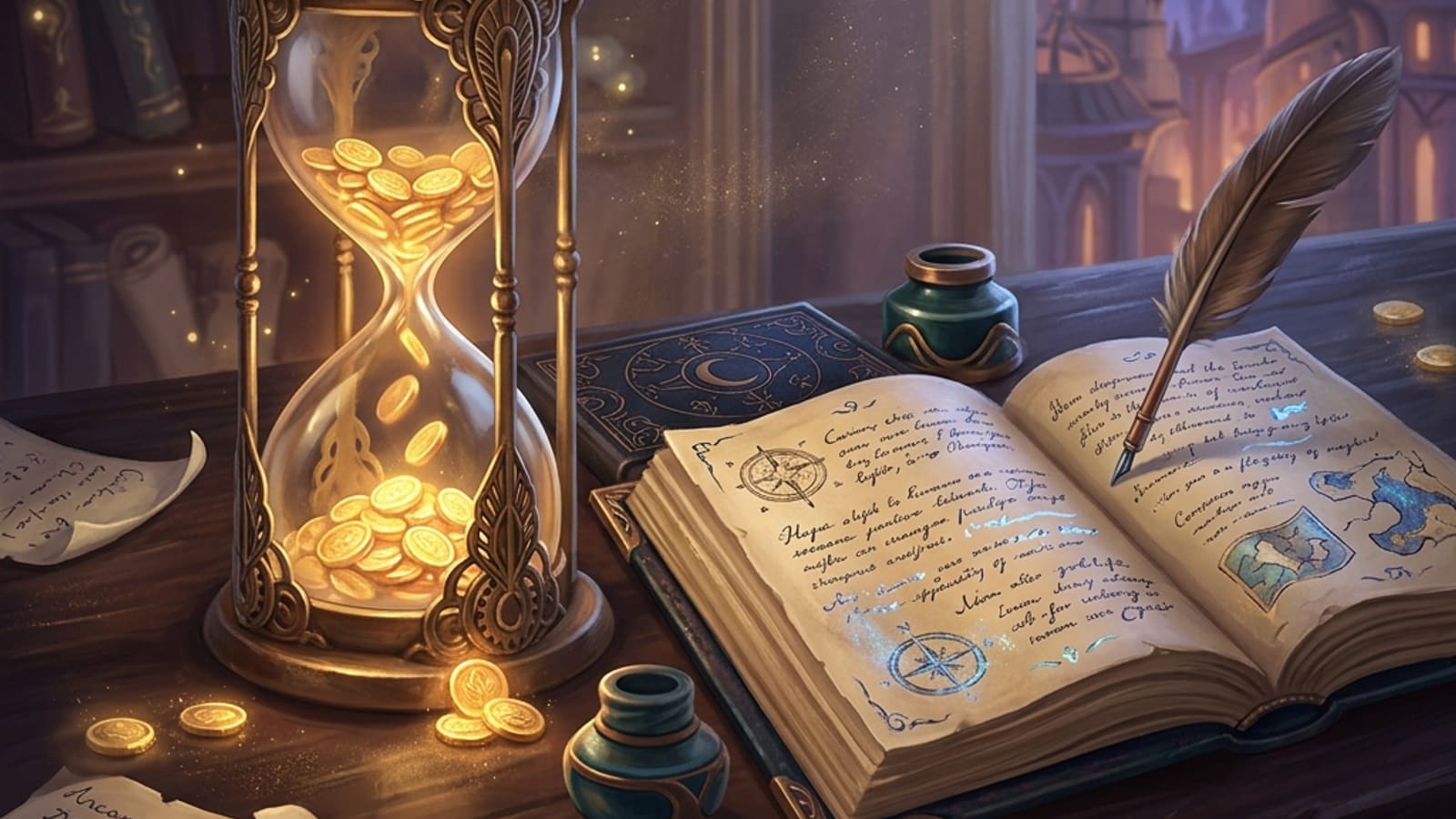 An hourglass filled with golden coins beside a fantasy mission ledger