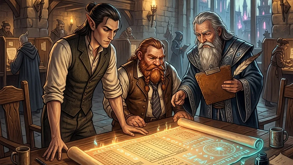 Three fantasy office workers, including a dwarf in a vest and a wizard holding a scroll, gather around a table displaying a glowing spreadsheet in a stone-walled office.