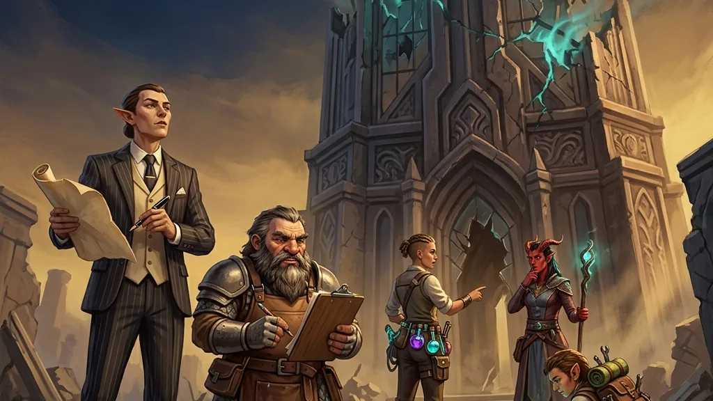 A group of fantasy characters in corporate attire analyzing a damaged office building after a magical incident.