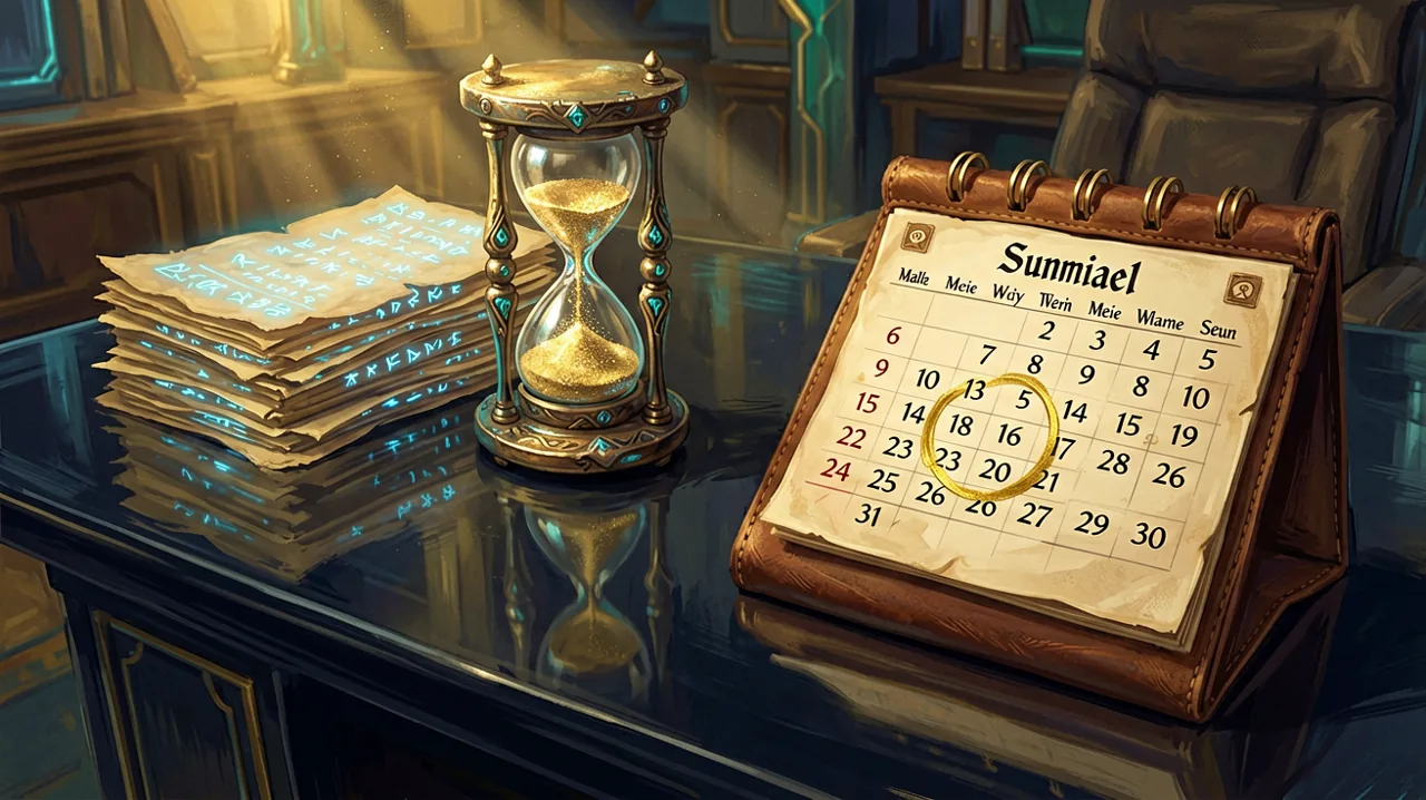 A fantasy corporate desk with scrolls, a magical hourglass, and an open calendar highlighting a summer schedule change.