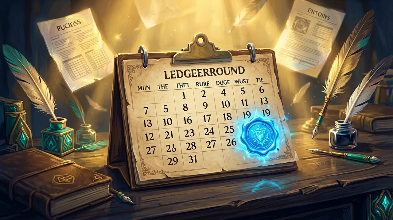 A fantasy calendar displaying August 11th marked by a glowing blue magical corporate seal, surrounded by glowing floating paperwork.