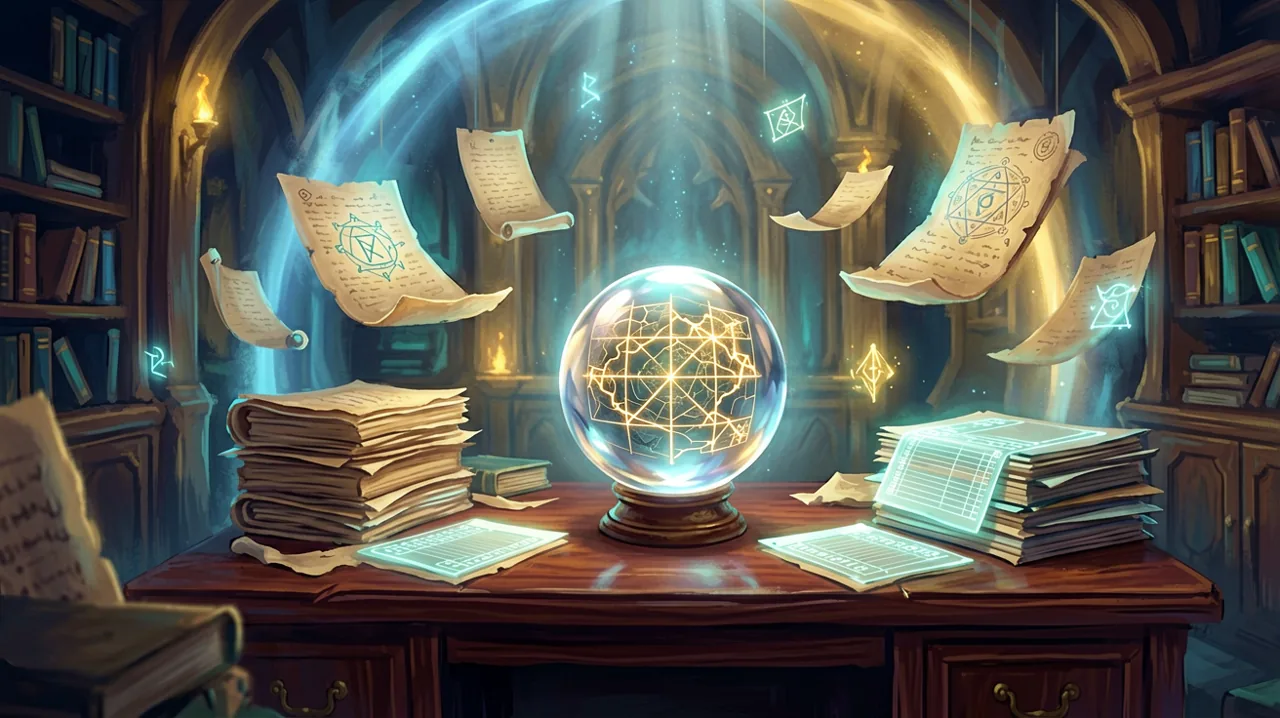 A cozy but chaotic office space inside a fantasy tower where magic runes float above stacks of parchment and glowing ledgers.