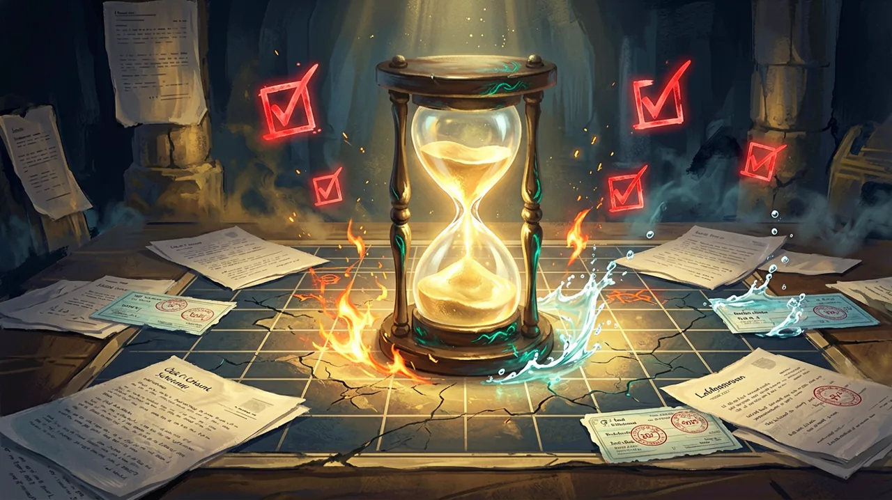A glowing magical hourglass sitting on top of a grid-based tactical battleboard, surrounded by corporate paperwork and red proofreading marks.