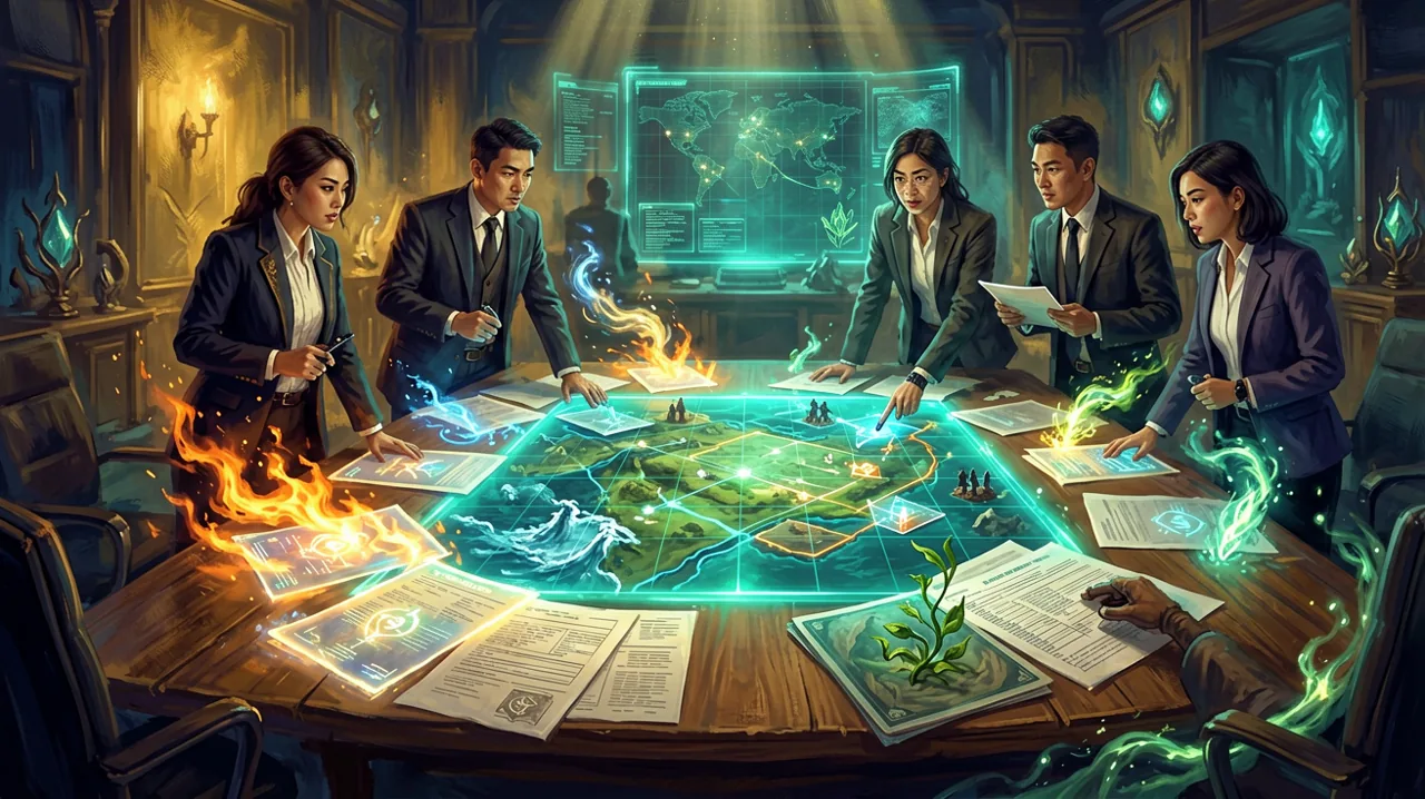 A magical office environment featuring stacks of corporate paperwork glowing with elemental energy alongside a tactical combat grid.
