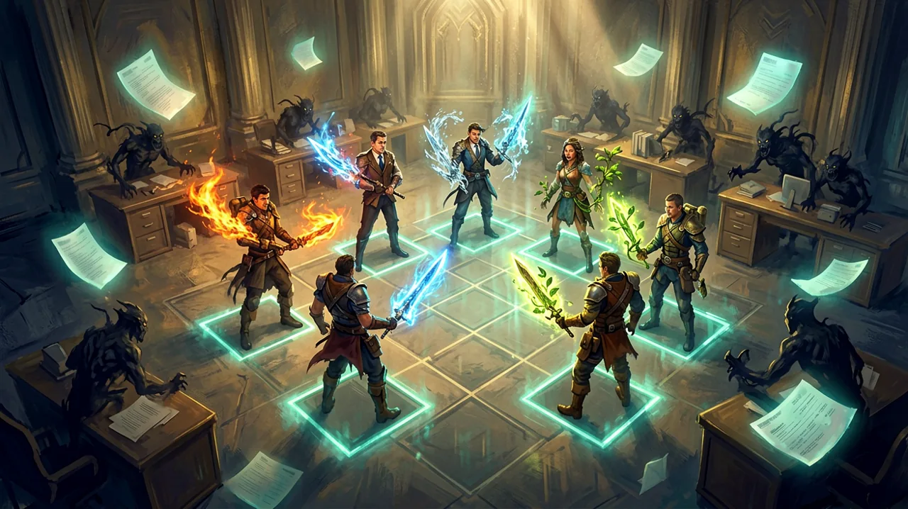 A tactical grid battlefield set in an Eldarran corporate office, where a magic-wielding insurance adjuster confronts monstrous enemies among scattered paperwork.