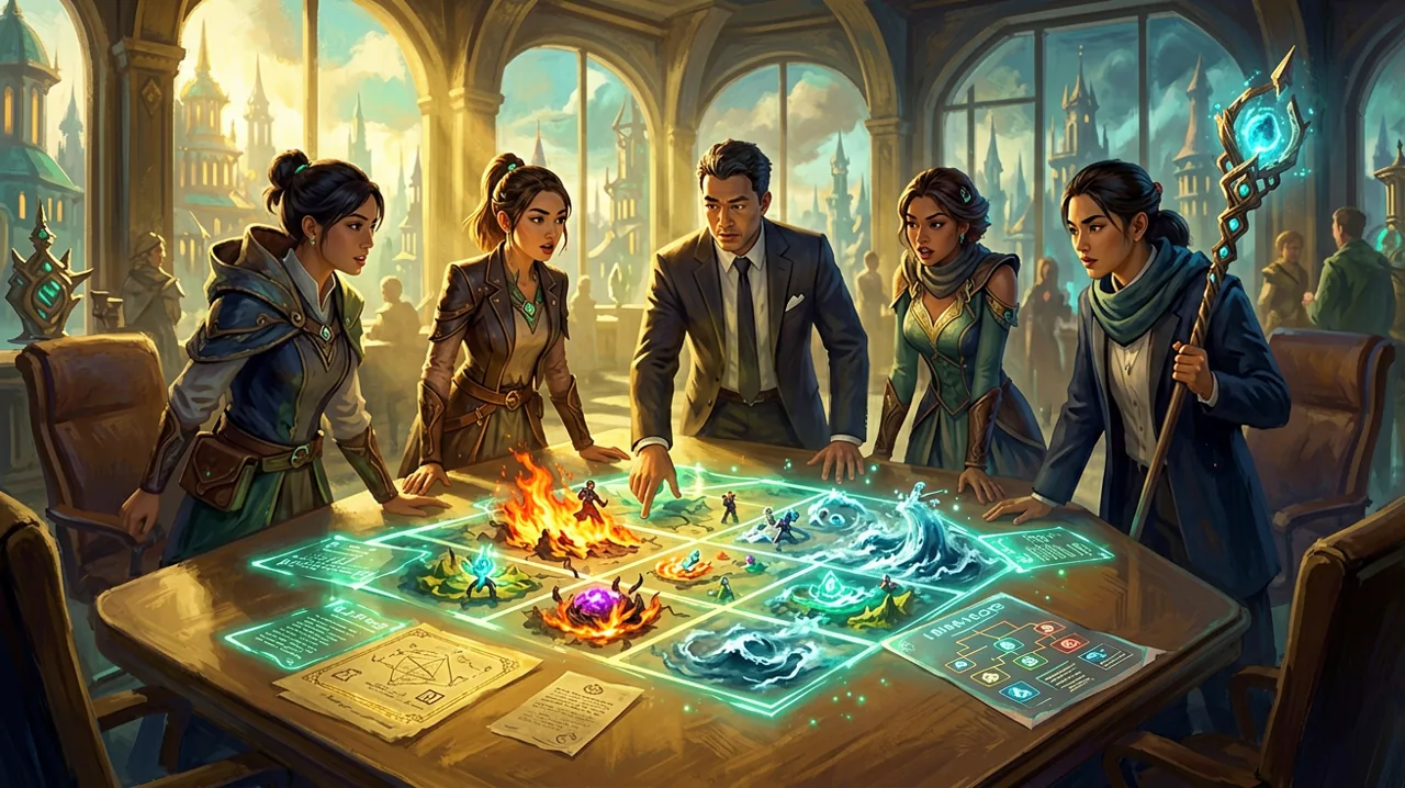 A vibrant corporate fantasy scene featuring several diverse original characters in a heated discussion over glowing promotion paperwork and skill tree diagrams spread across a massive desk.