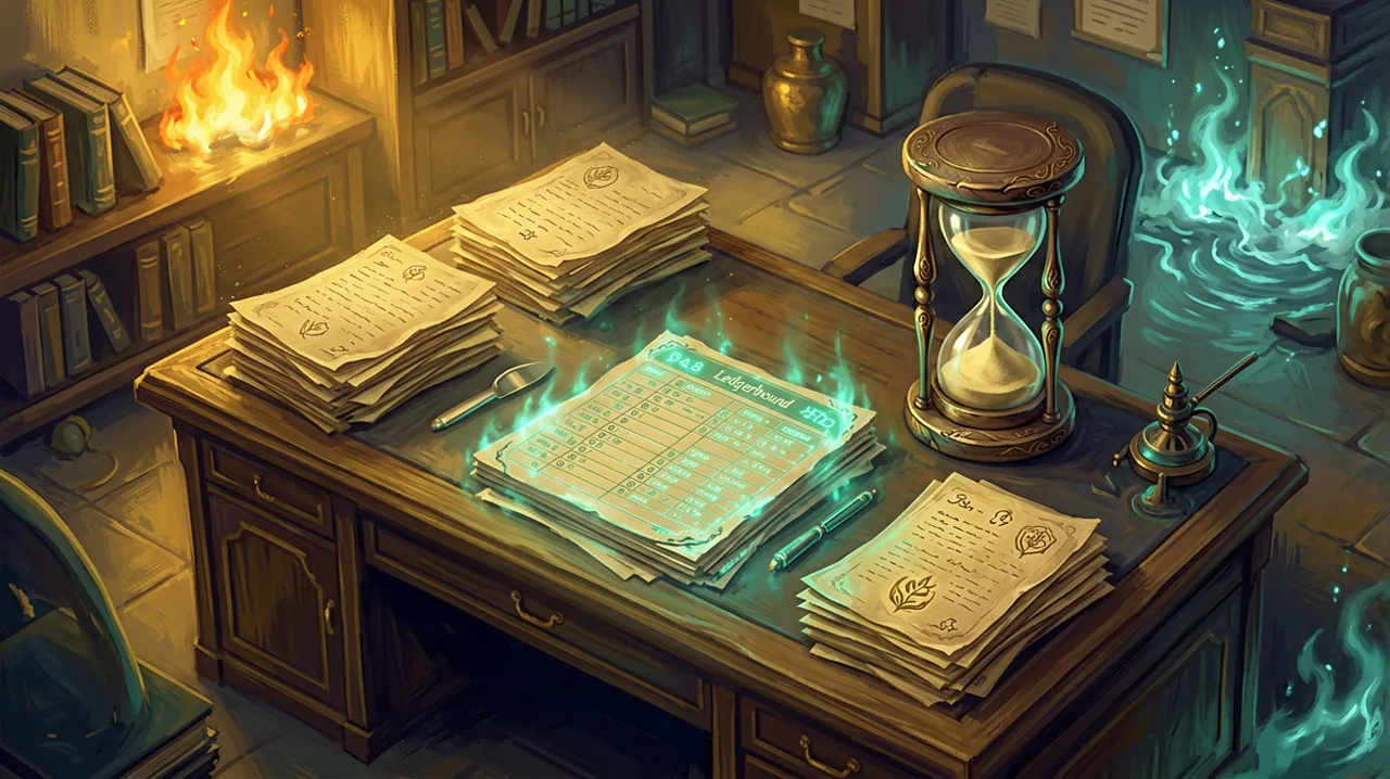 An ornate magical hourglass resting on an Eldarra corporate desk, with its glowing sand magically suspended in mid-air.