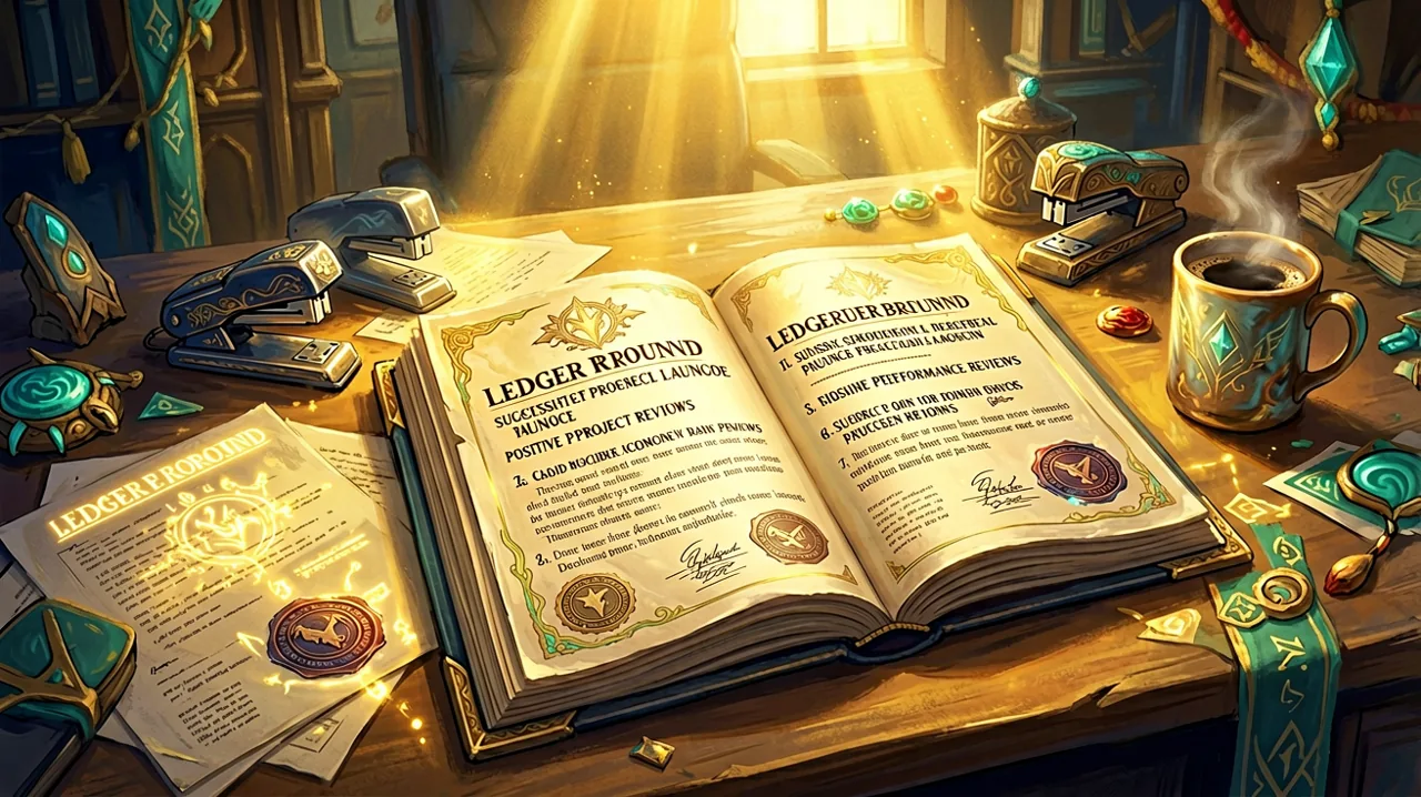 A vibrant Eldarra corporate desk featuring an open glowing ledger book alongside magical office supplies, celebrating positive performance reviews.