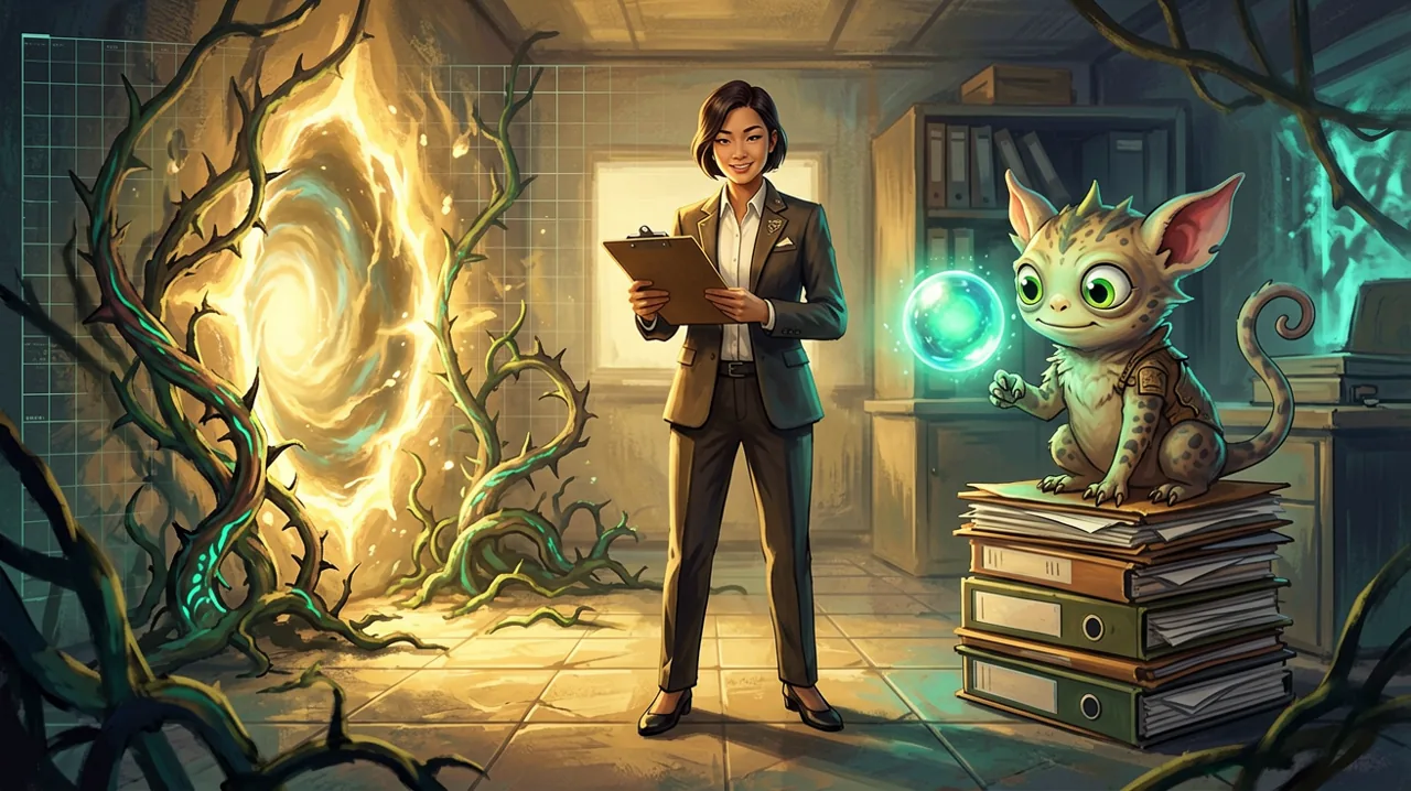 A magical rift and thorny vines on a tactical grid next to a whimsical alien pet sitting on corporate folders.