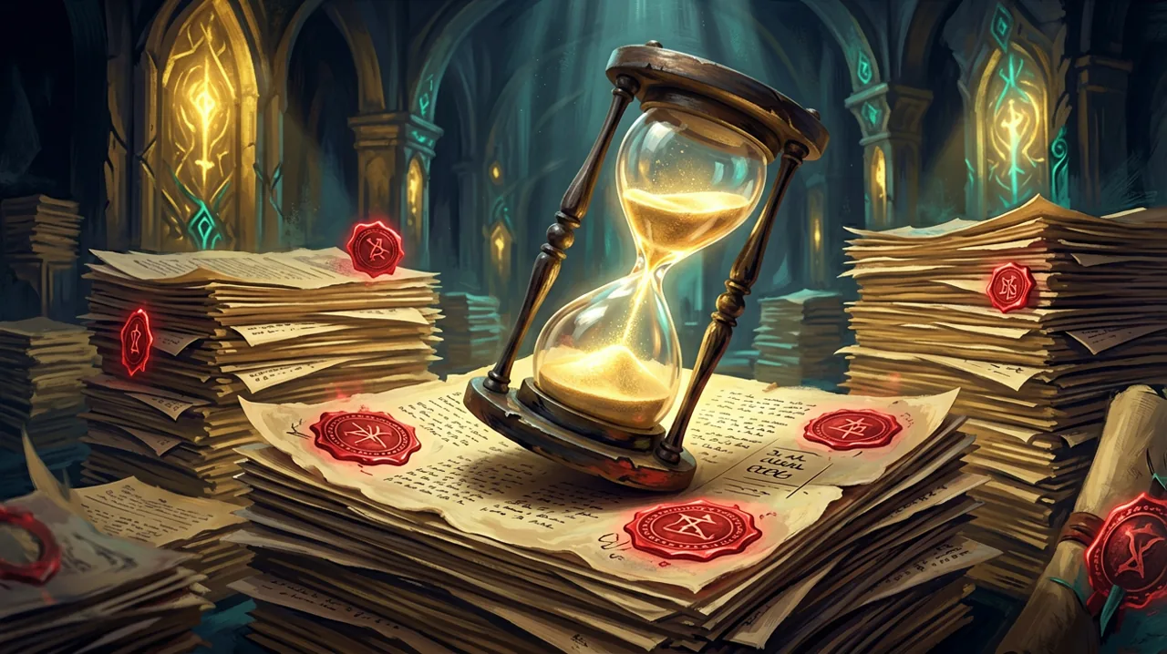 A glowing, ominous hourglass sitting atop a massive stack of heavily stamped corporate paperwork.