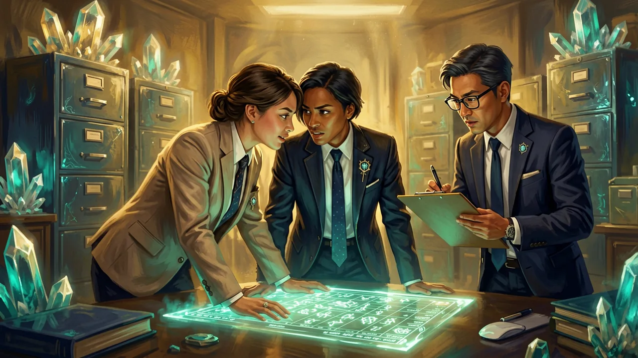 Three corporate fantasy workers in magical office attire engaged in an intense conversation over glowing documents.