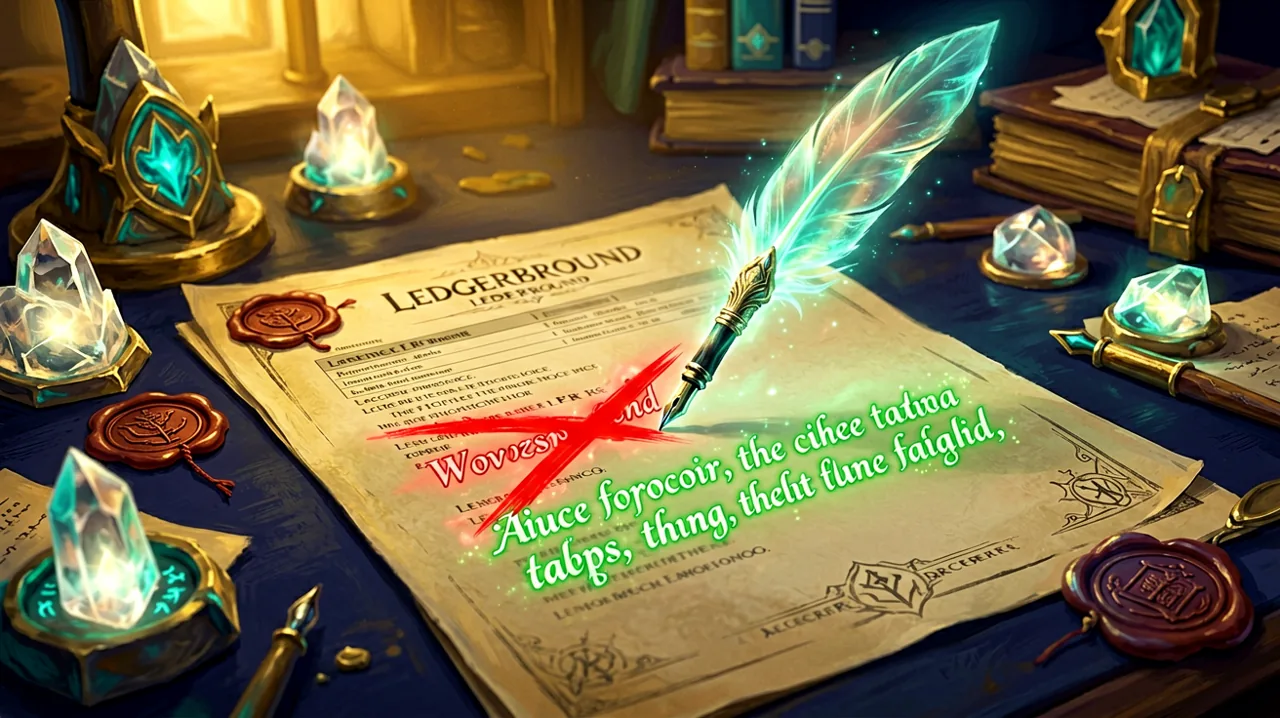A magical corporate desk covered in Eldarran paperwork, with a glowing quill actively crossing out errors and leaving sparkling gold corrections.