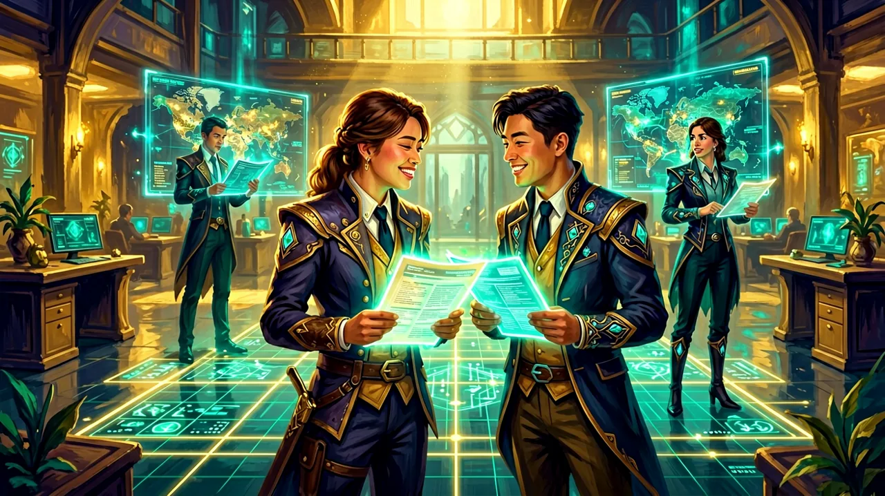 Fantasy corporate workers exchanging flirtatious glances on a glowing tactical battle grid.