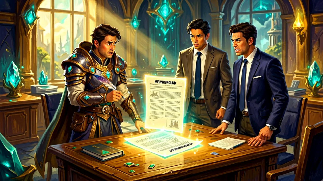 Three fantasy characters in corporate attire standing around a glowing magical document, looking conflicted.