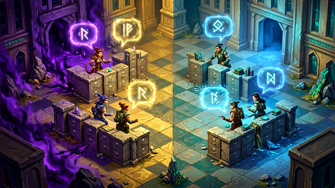 A tactical fantasy office environment highlighting magical paperwork and team communication