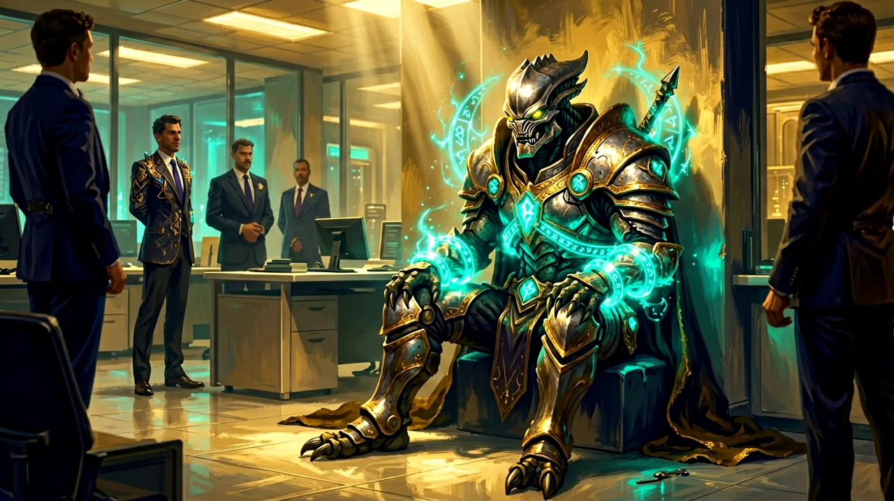 A fierce alien warrior restrained in a magical corporate office setting