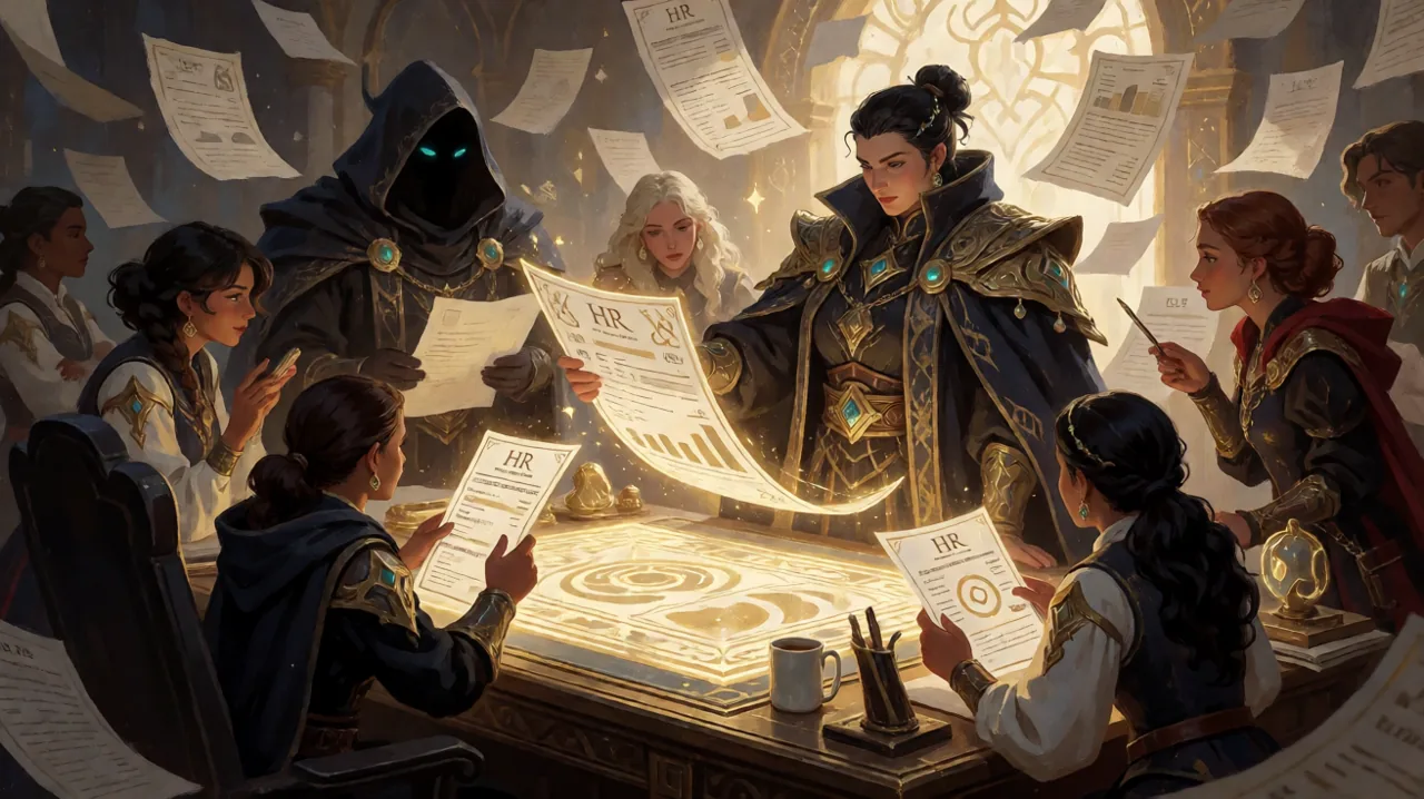 A diverse group of fantasy corporate workers reviewing magical HR documents together in an Eldarran office