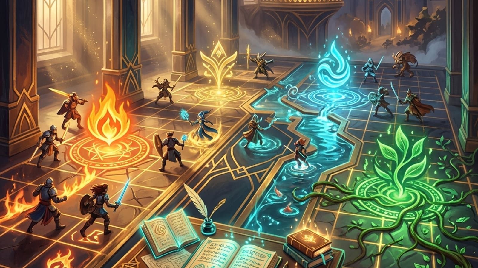 A tactical grid lit by fire, water, and plant elemental sigils