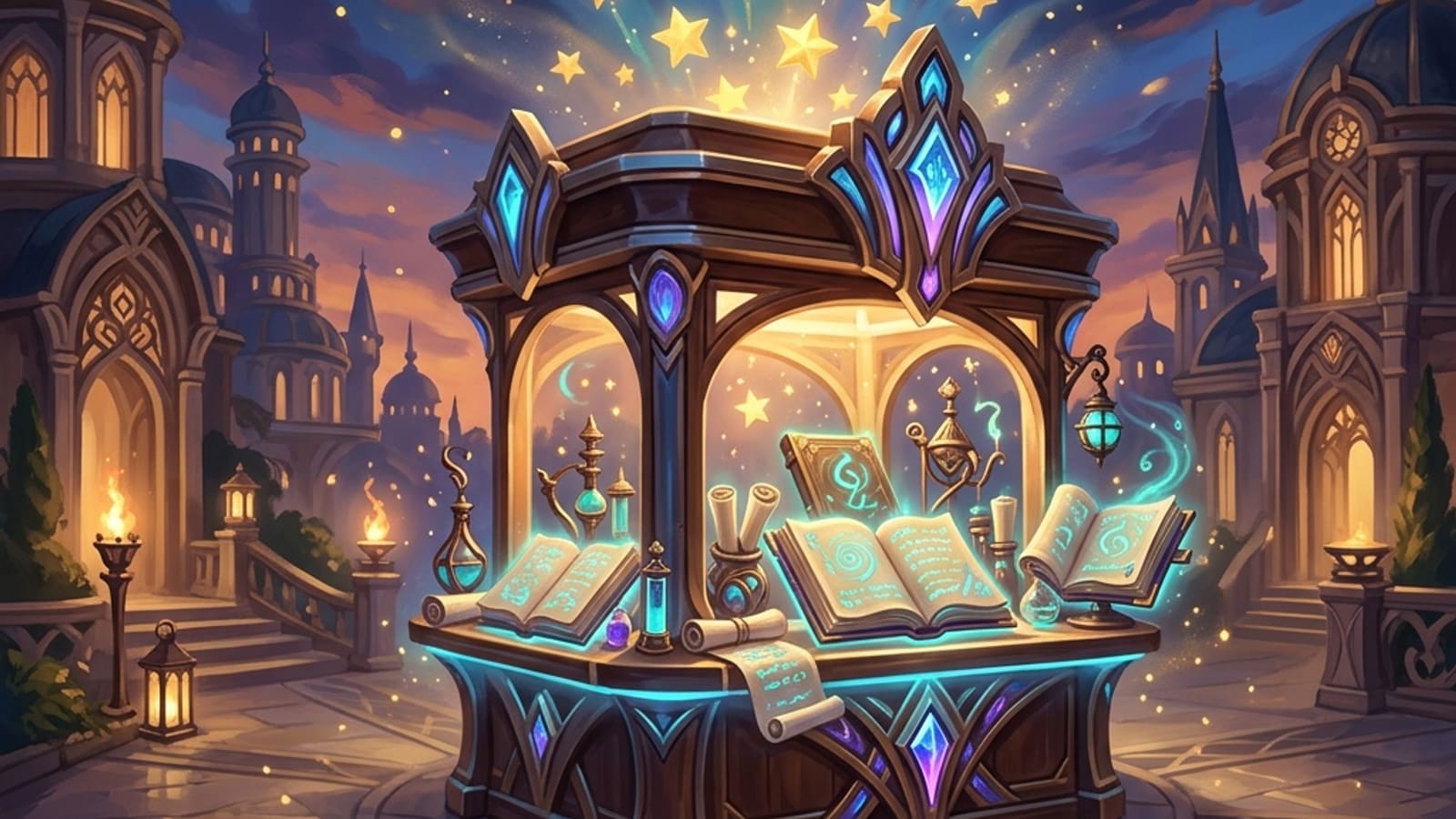 A glowing fantasy demo kiosk surrounded by floating golden wishlist stars