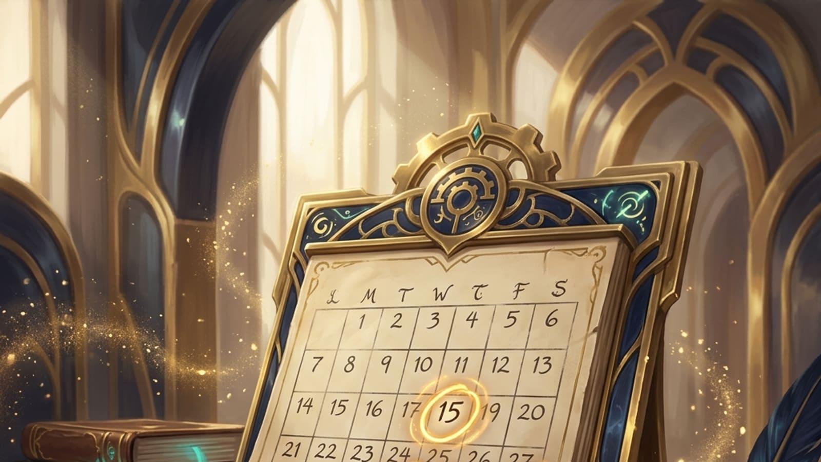 An ornate fantasy calendar with July 14 stamped in glowing gold ink