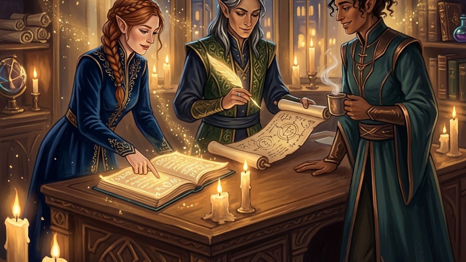 Three fantasy coworkers framed by warm candlelight and falling gold dust