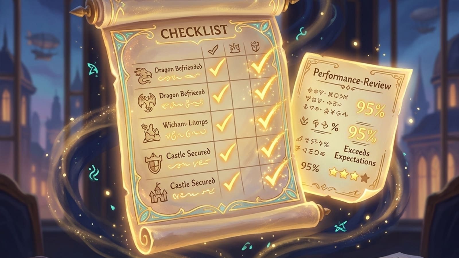A glowing fantasy performance-review checklist hovering over a battlefield