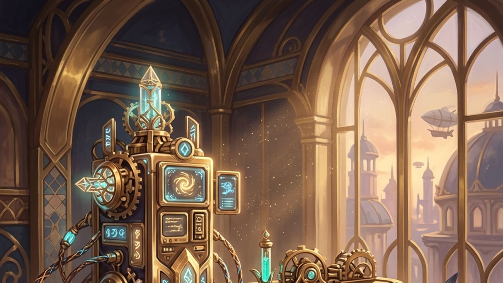 A fantasy artificer's workbench wired into a glowing arcane computer
