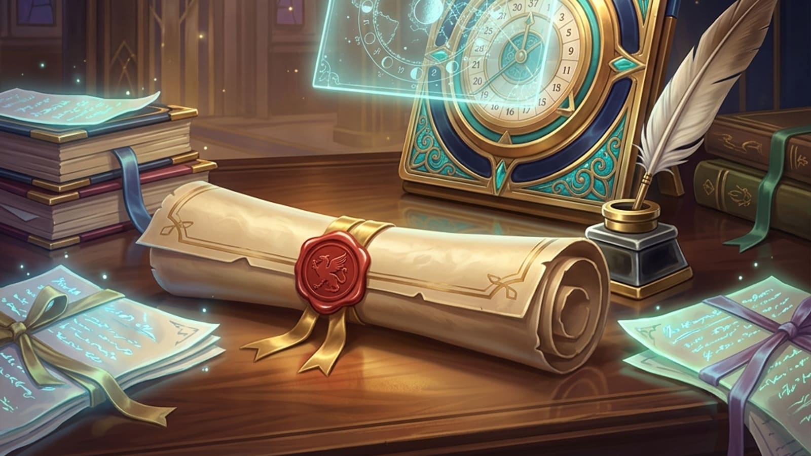 A wax-sealed corporate contract beside an ornate calendar marked July 14