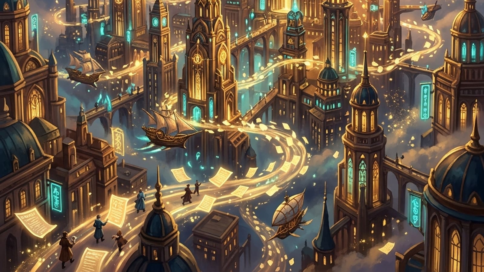 A sprawling fantasy corporate skyline where magic powers a city of ledgers