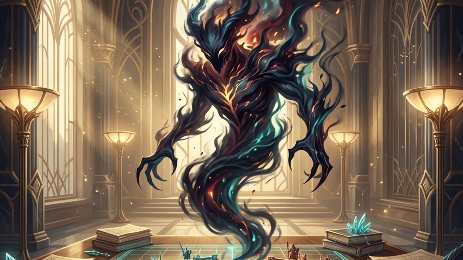 A looming immortal adversary reforming from shadow above a tactical grid