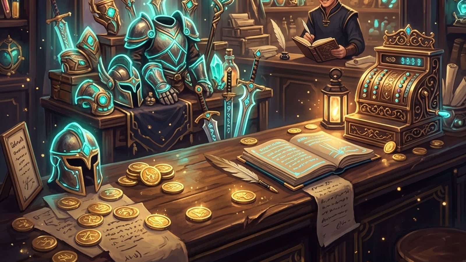 A fantasy company store counter stacked with enchanted corporate equipment